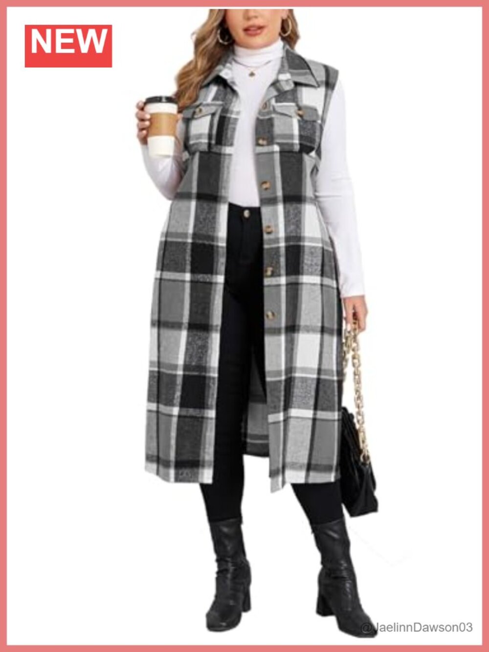 Plus Size Flannel Plaid Long Midi Vest Button Down Sleeveless Shacket
